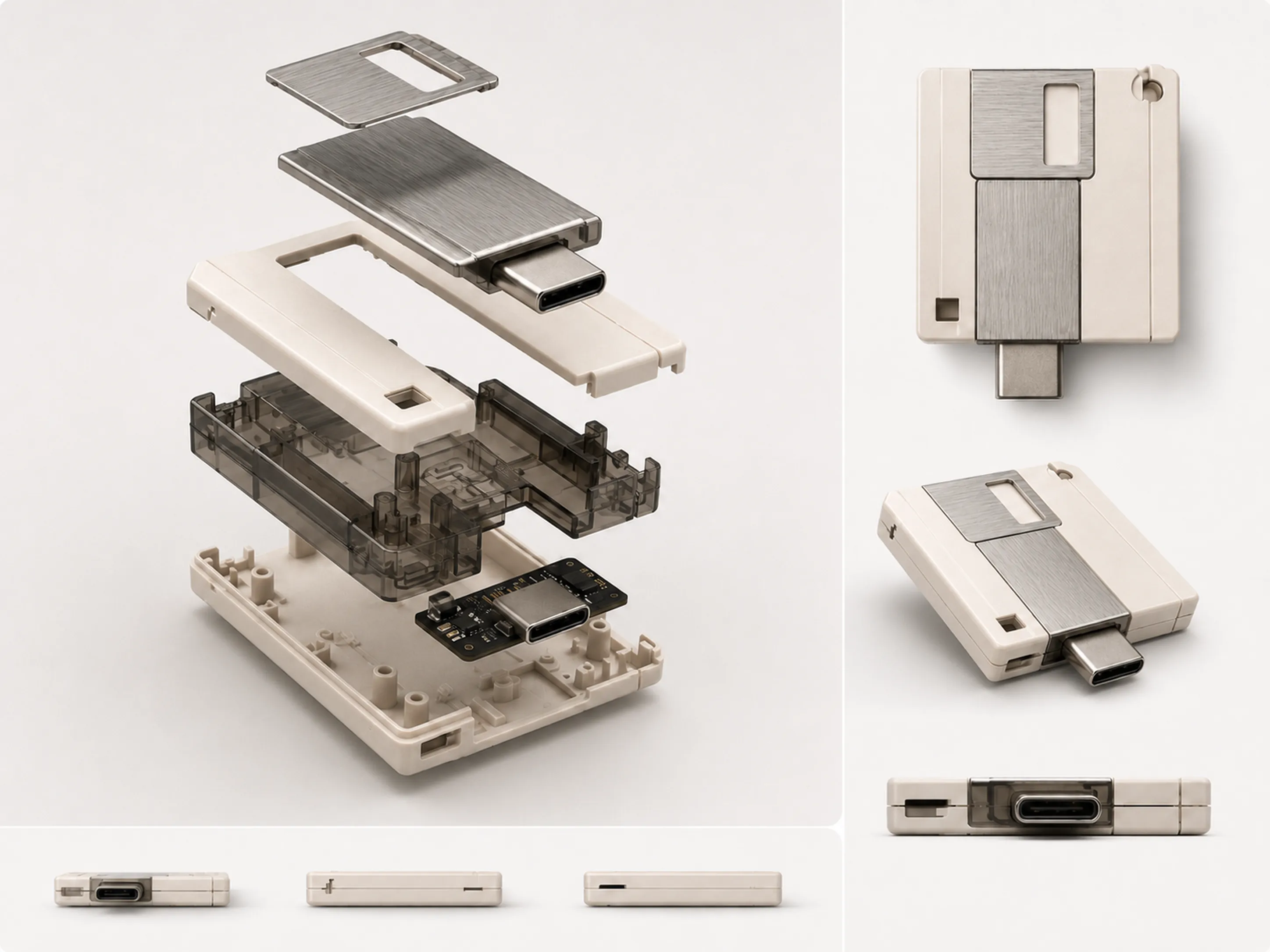 Despiece del USB con forma de disquete comprimido: carcasa, chasis, módulo de memoria y conector