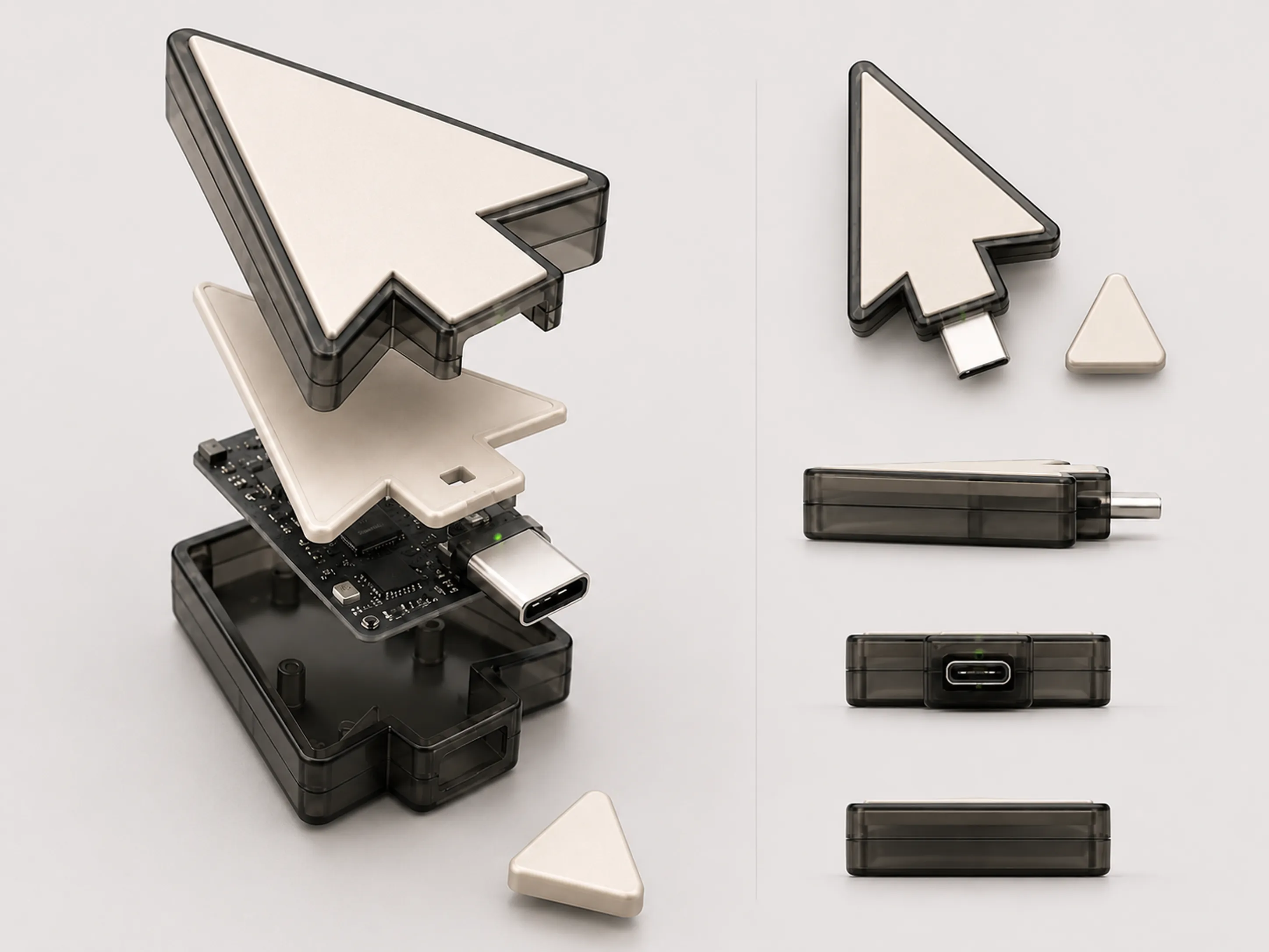 USB con forma de cursor — despiece técnico