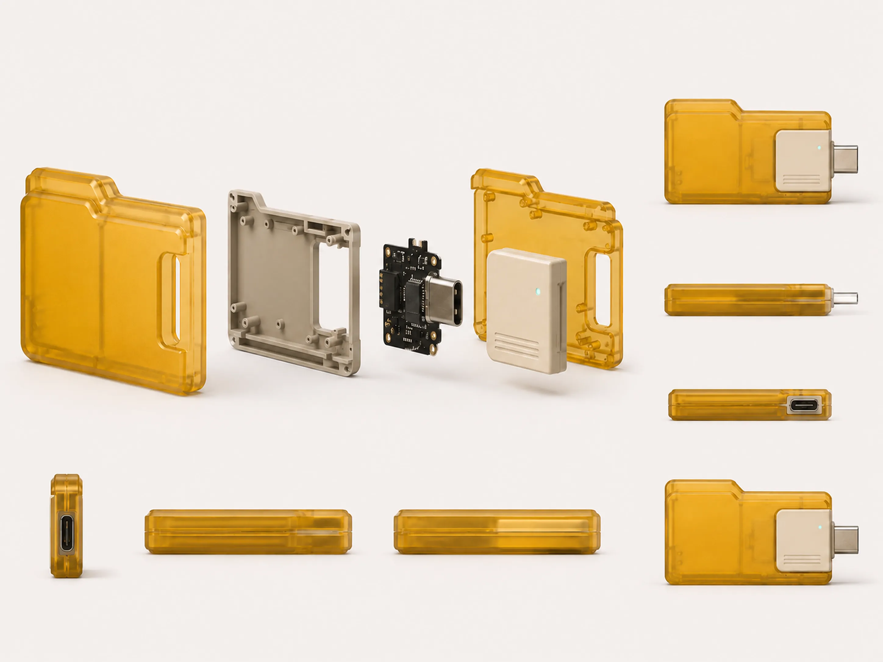 Despiece del USB con forma de carpeta amarilla: carcasa, chasis, módulo de memoria y conector