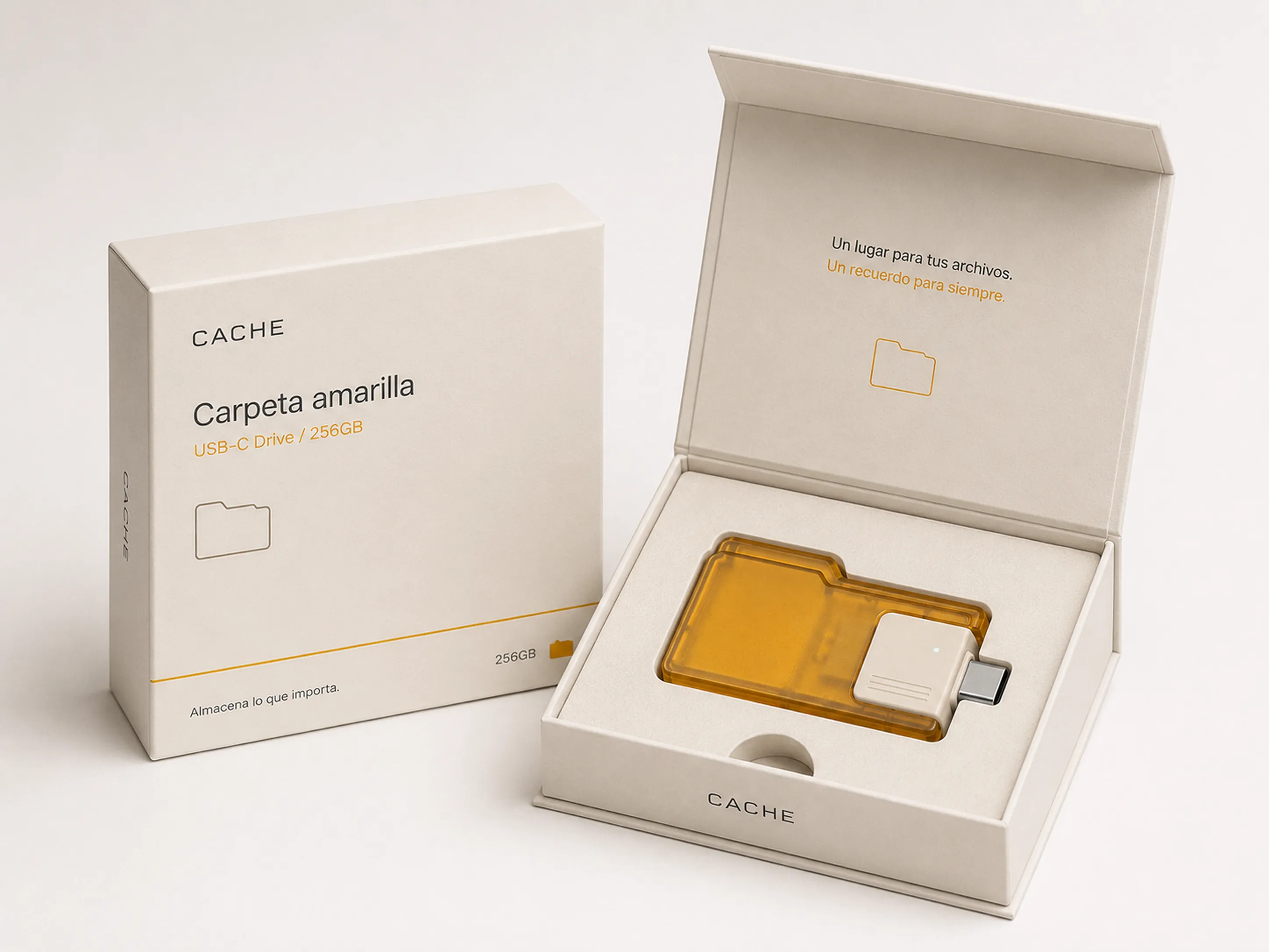 USB con forma de carpeta amarilla — packaging