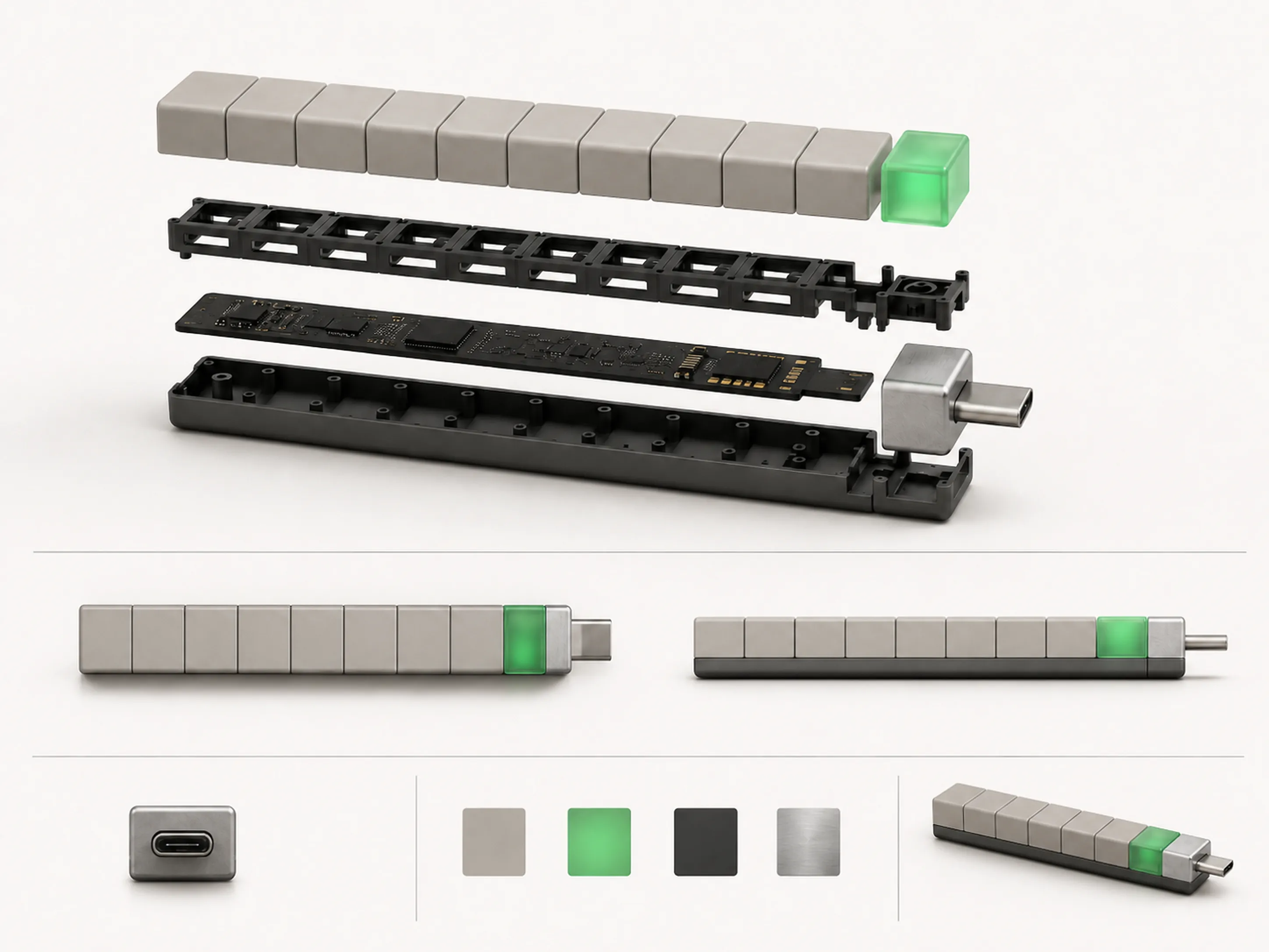 Despiece del USB con forma de barra de carga: carcasa, chasis, módulo de memoria y conector