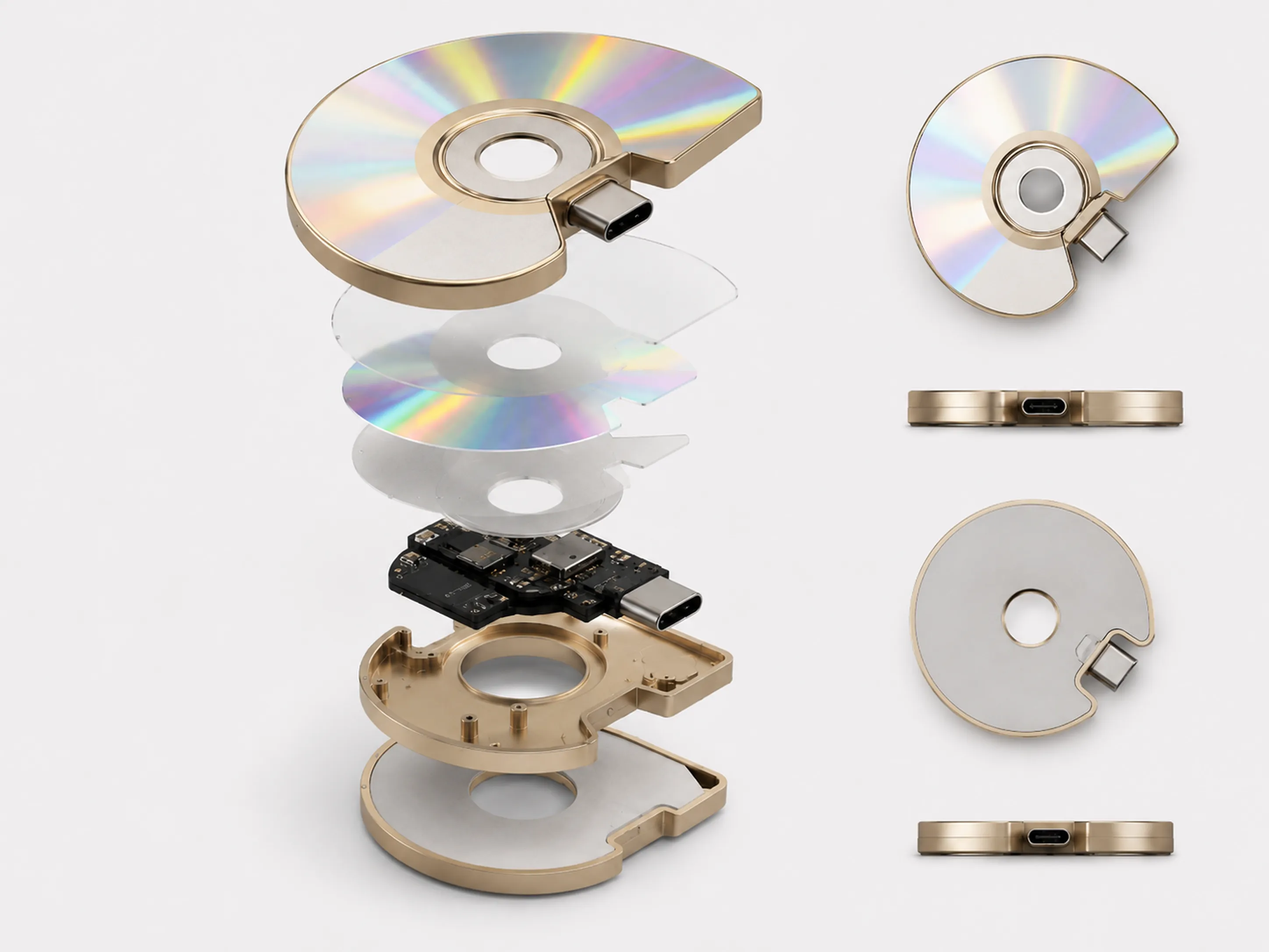 USB con forma de cd roto — despiece técnico
