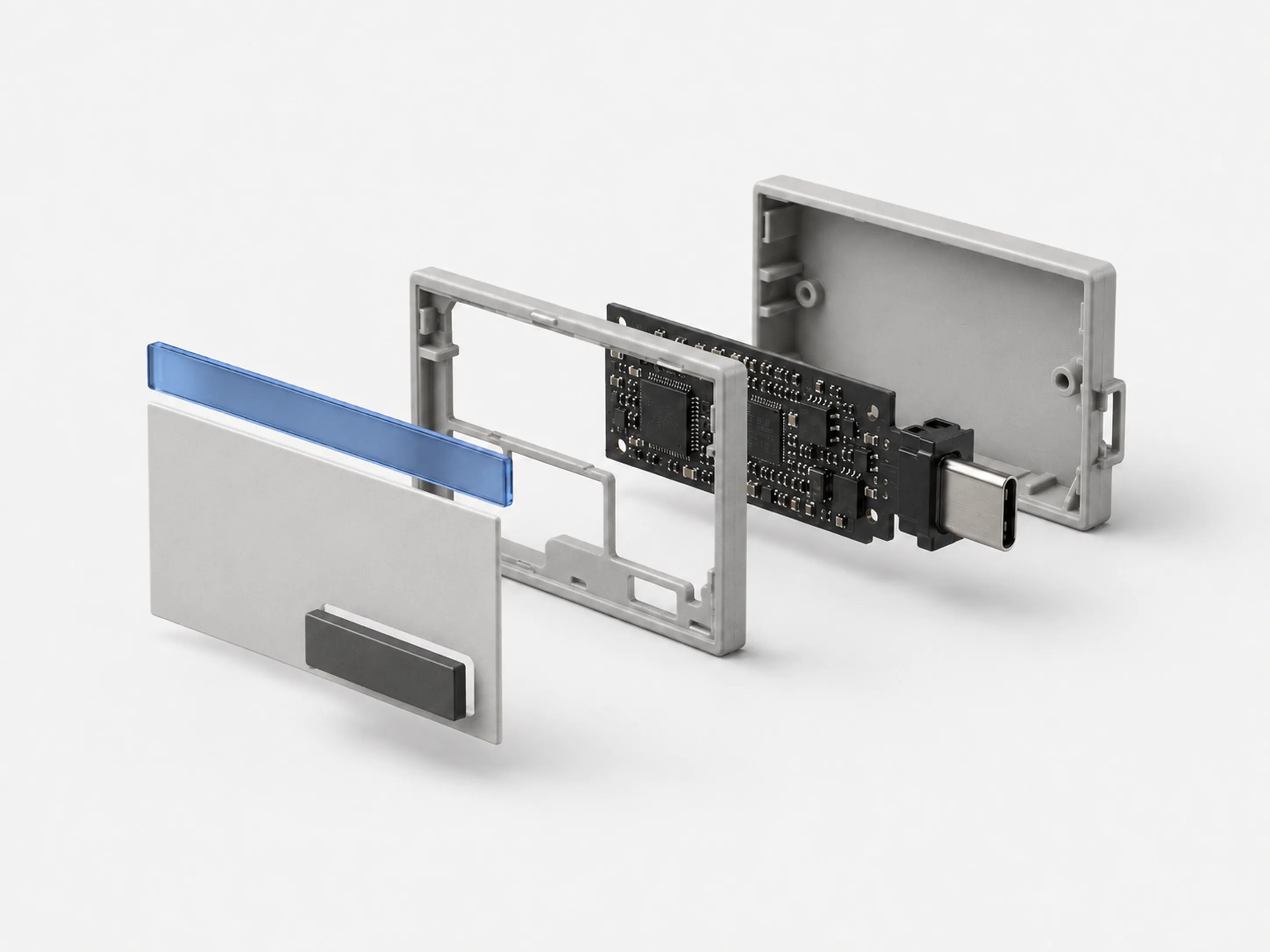 USB con forma de ventana emergente — despiece técnico