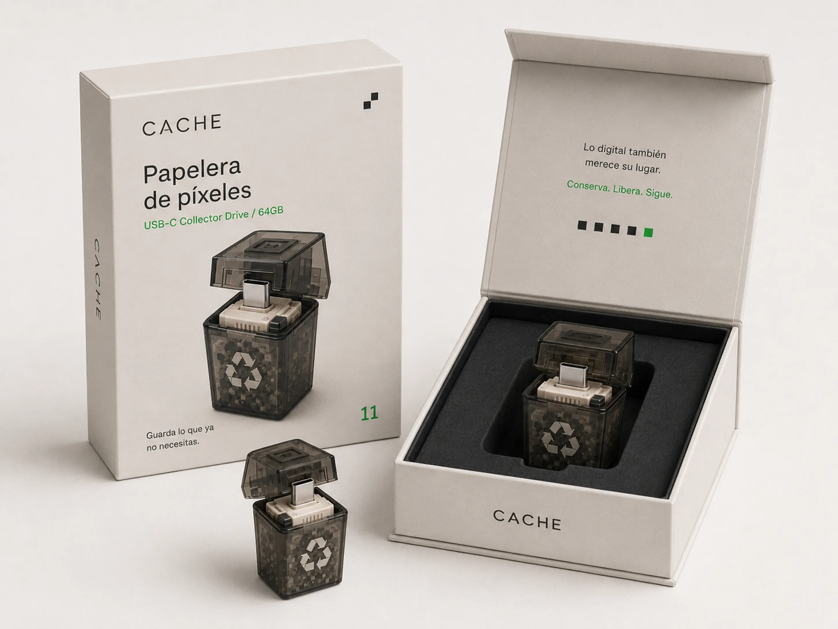 USB con forma de papelera llena — packaging
