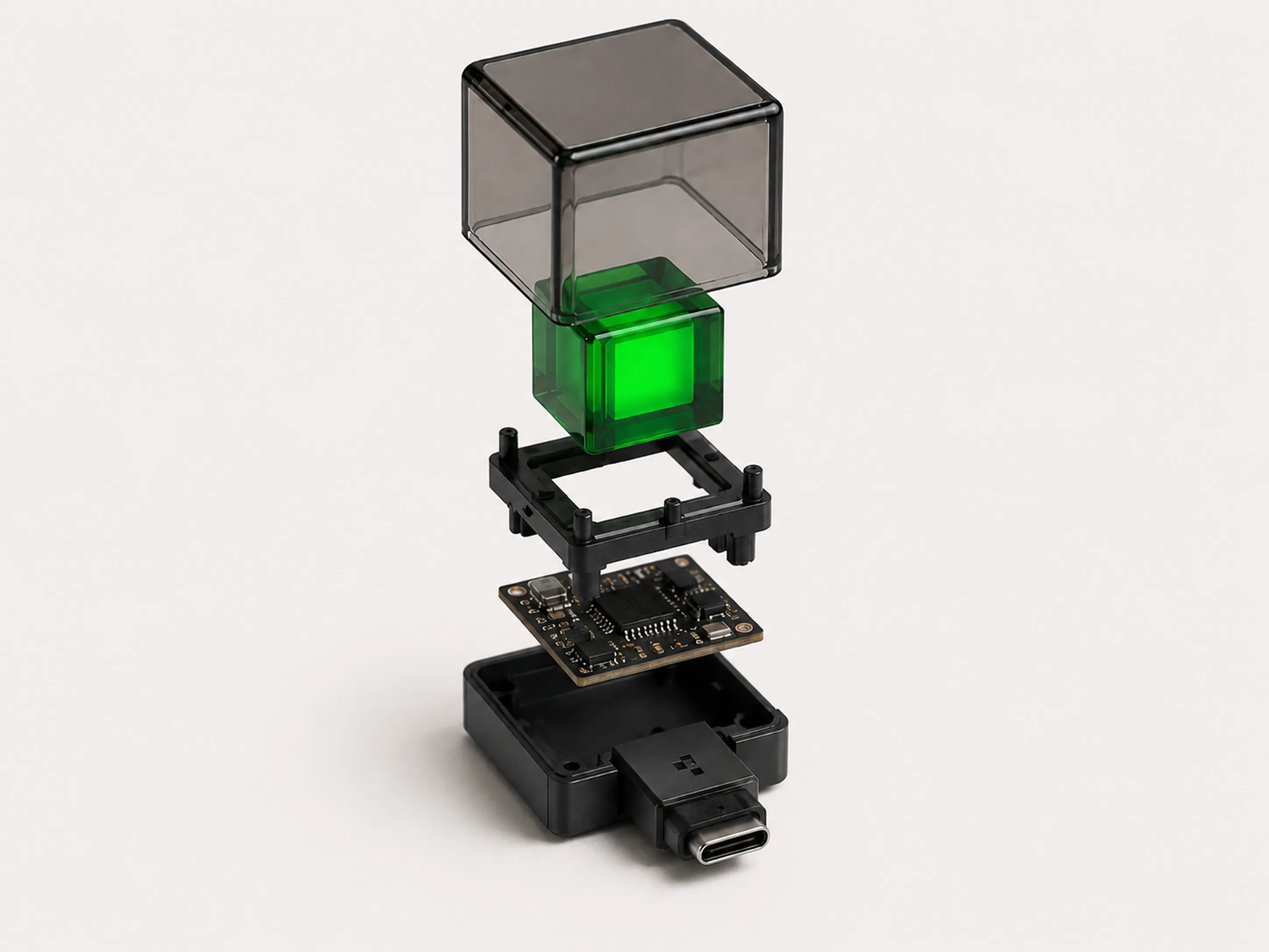 Despiece del USB con forma de píxel perdido: carcasa, chasis, módulo de memoria y conector