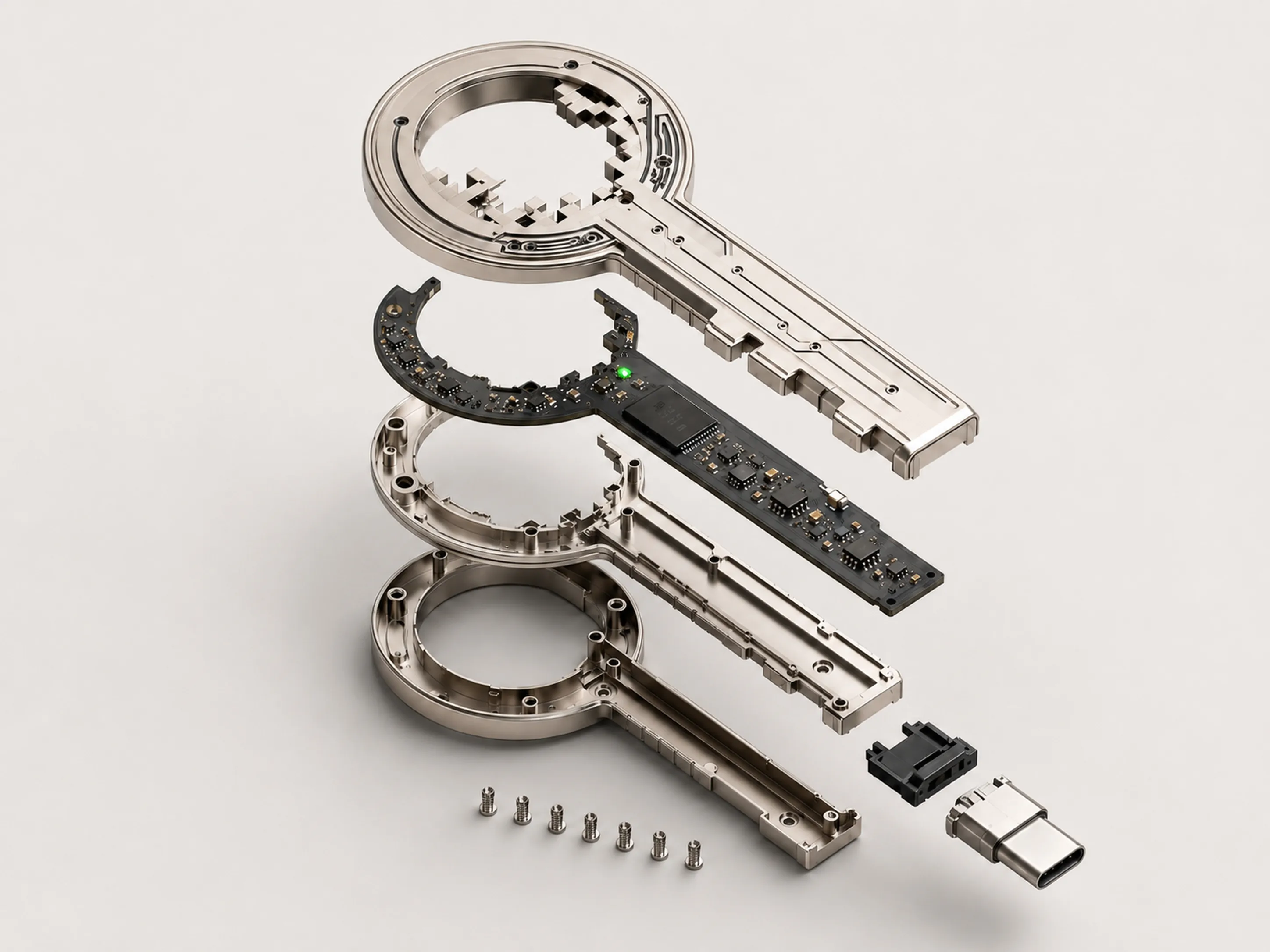 Despiece del USB con forma de llave de internet: carcasa, chasis, módulo de memoria y conector
